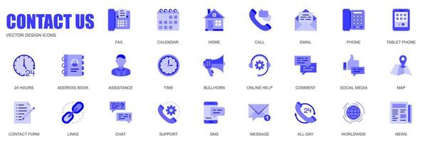 Contact us concept of web icons set in simple flat design. Pack of fax, calendar, home, call, email, phone, 24 hours, address book, support, bullhorn and other. blue pictograms for mobile app vector