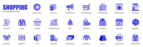 compras concepto de web íconos conjunto en sencillo plano diseño. paquete de mejor elección, precio etiqueta, promoción, carro, bolsa, negro viernes, deseo lista, descuento, rebaja y otro. azul pictogramas para móvil aplicación vector