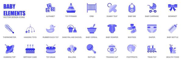 Baby elements concept of web icons set in simple flat design. Pack of alphabet, toy pyramid, crib, dummy teat, bib, carriage, bowknot, romper, bottle and other. blue pictograms for mobile app vector