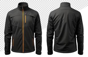 black jacket template with front and back views, cutout design isolated on transparent background, photo