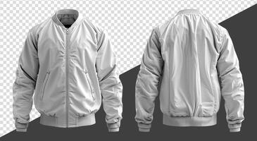 Plain white bomber jacket mockup, Front and back view, isolated on transparent background, photo