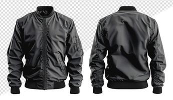 black jacket template with front and back views, cutout design isolated on transparent background, photo