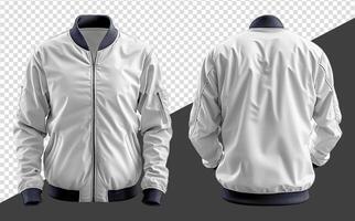 Plain white bomber jacket mockup, Front and back view, isolated on transparent background, photo