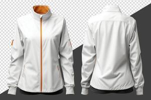 Plain white women's jacket mockup, Front and back view, isolated on transparent background, photo