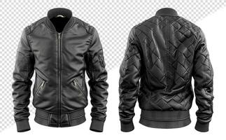 black jacket template with front and back views, cutout design isolated on transparent background, photo