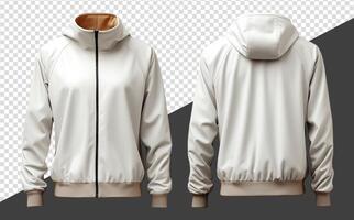 Plain white jacket mockup, Front and back view, isolated on transparent background, photo