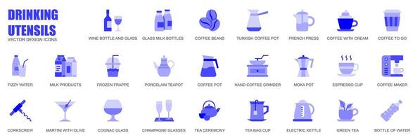 Drinking utensils concept of web icons set in simple flat design. Pack of wine bottle, milk, coffee beans, turkish pot, french press, frozen frappe and other. blue pictograms for mobile app vector