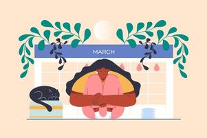 Critical days concept with people scene in flat design. Woman hugs herself during her menstrual period and marks dates on calendar with drops. illustration with character situation for web vector