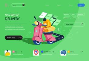 Delivery service concept in flat cartoon design for homepage layout. Fast courier delivery of online orders pizza or food bags from grocery store. illustration for landing page and web banner vector