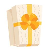 Gift box in flat design. Present in wrapping paper with orange ribbon and bow. illustration isolated. vector