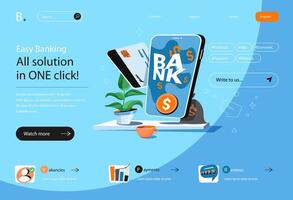 Online banking concept in flat cartoon design for homepage layout. Manage financial account and credit cards, making transactions in mobile app. illustration for landing page and web banner vector