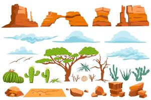 Desierto naturaleza aislado gráfico elementos conjunto en plano diseño. haz de diferente forma montañas y rocas, piedras, nubes en cielo, árboles, cactus y otro plantas para árido clima. ilustración. vector