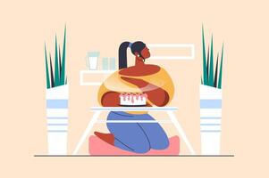 azúcar gratis y no dulce dieta concepto con personas escena en plano diseño. mujer sigue sano dieta y se niega pasteles diabético lo hace no comer dulces ilustración con personaje situación para web vector