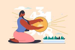 Numerology concept with people scene in flat design. Woman numerologist predicts fate and counts important dates and numbers, making in esoteric. illustration with character situation for web vector