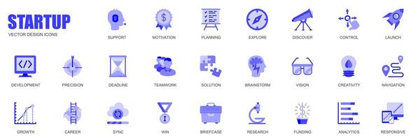 Startup concept of web icons set in simple flat design. Pack of support, motivation, planning, launch, development, precision, deadline, teamwork, win and other. blue pictograms for mobile app vector