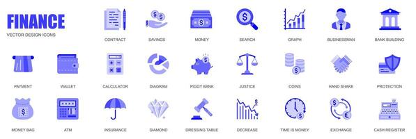 Finance concept of web icons set in simple flat design. Pack of contract, savings, money, search, graph, businessman, bank building, payment, wallet and other. blue pictograms for mobile app vector