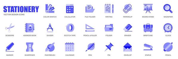 Stationery concept of web icons set in simple flat design. Pack of color swatch, file folder, paperclip, board, stand, magnifier, scissors, calendar and other. blue pictograms for mobile app vector