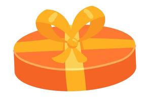 Gift box in flat design. Orange rounded present package with ribbon and bow. illustration isolated. vector