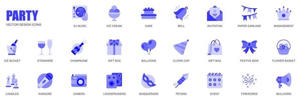 Party concept of web icons set in simple flat design. Pack of dj music, ice cream, cake, invitation, paper garland, karaoke, stemware, champagne, gift and other. blue pictograms for mobile app vector