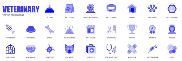 Veterinary concept of web icons set in simple flat design. Pack of scoop, pet food, hamster wheel, collar, kennel, paw print, bone, store, grooming and other. blue pictograms for mobile app vector