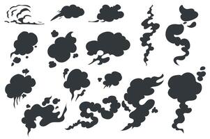 Smoke silhouettes isolated graphic elements set in flat design. Bundle of different black steam and vapour shapes, gas smell or cloud textures, moving speeds in comic style. illustration. vector