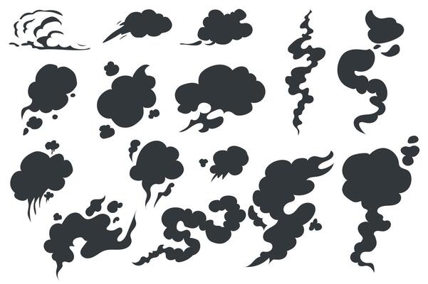Smoke silhouettes isolated graphic elements set in flat design. Bundle of different black steam and vapour shapes, gas smell or cloud textures, moving speeds in comic style. illustration.