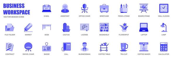 Business workspace concept of web icons set in simple flat design. Pack of e-mail, assistant, office chair, briefcase, pencil, clock, file folder, lamp and other. blue pictograms for mobile app vector