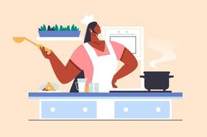 Cocinando a hogar concepto con personas escena en plano diseño. mujer en delantal y cocinero sombrero preparando almuerzo o cena según a recetas en cocina. ilustración con personaje situación para web vector