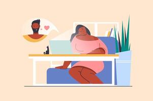 en línea Fechado concepto con personas escena en plano diseño. mujer y hombre en amor comunicar en línea y enviar flirteador mensajes a charla utilizando ordenador portátil. ilustración con personaje situación para web vector