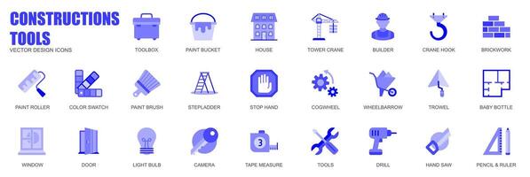 Construction tools concept of web icons set in simple flat design. Pack of toolbox, paint bucket, house, tower crane, brickwork, color swatch, brush and other. blue pictograms for mobile app vector