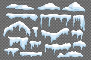 Snow caps with icicles isolated elements set in flat design. Bundle of different shapes snowcaps, snowdrifts and snowy ice on roofs. Seasonal weather frames and winter borders. illustration. vector