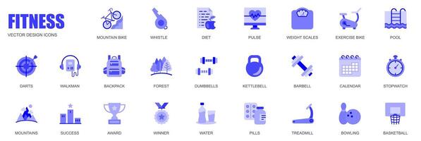 Fitness concept of web icons set in simple flat design. Pack of mountain bike, whistle, diet, pulse, weight scales, pool, darts, backpack, dumbbell and other. blue pictograms for mobile app vector