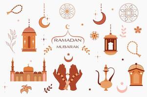 Ramadán Mubarak aislado elementos conjunto en plano diseño. haz de oración rosario, mezquita, creciente luna, patrones, linterna con vela, café maceta y otro tradicional simbolos ilustración. vector