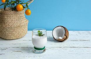 A glass of coconut milk smoothie and tangerines photo