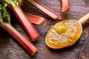 A wooden spoon with rhubarb jam photo