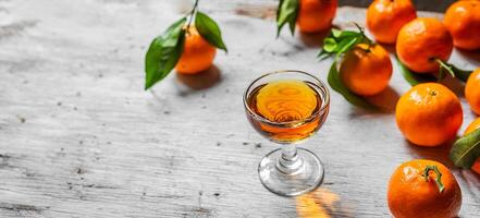 Tangerine liqueur and fresh tangerines with copy space photo