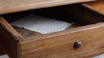 Old vintage wooden table with half-open drawer photo