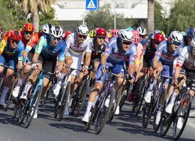 Imperia, IM, Liguria, Italy - March 16, 2024 An important cycling race in a small town in Italy in March. The name of the competition is Milano-Sanremo 2024 photo