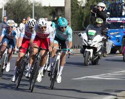 Imperia, IM, Liguria, Italy - March 16, 2024 An important cycling race in a small town in Italy in March. The name of the competition is Milano-Sanremo 2024 photo