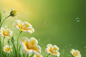 White yellow flowers in dewy meadow. photo