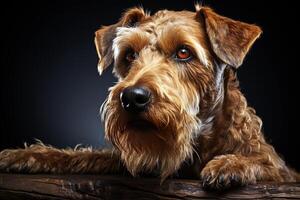 retrato de galés terrier en un negro fondo, cerca arriba recortado foto. ai Arte foto