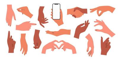 Female hands set. Hand pointing, holding phone. vector
