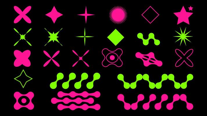 Abstract shapes in y2k style brutalist retro. Bright color. Green and pink. Set geometric shapes atmosphere future. For banner poster design web design. illustration.