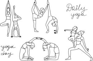 Set of single line drawings of a girl sitting and standing in a yoga pose vector