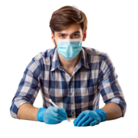 A man wearing protective face mask and gloves in a public setting png