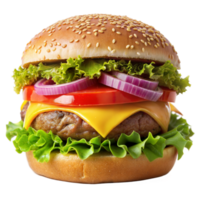 Cheeseburger with melting cheese, crisp vegetables, and a seeded bun png