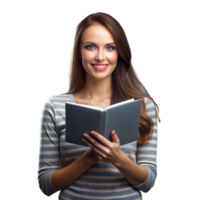 Confident young lady with a book, smiling at the camera png