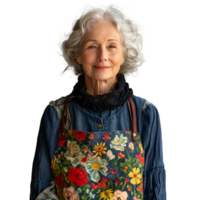 Elegant senior woman with floral apron on transparent background png