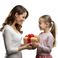 Mother gifting daughter a red ribbon wrapped present png