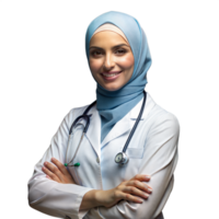 Smiling woman in medical attire with headscarf, exuding professionalism png